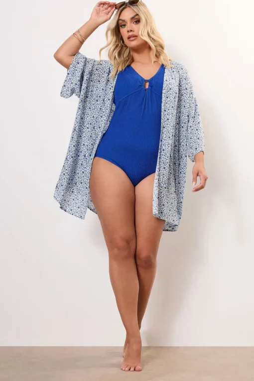 Yours Curve Blue Ditsy Floral Crochet Kimono