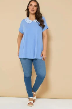Yours Curve Blue Ditsy Floral Collar Ribbed Swing Top