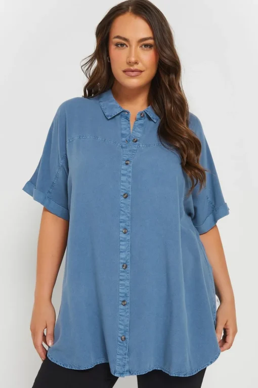 Yours Curve Blue Short Sleeve Chambray Shirt
