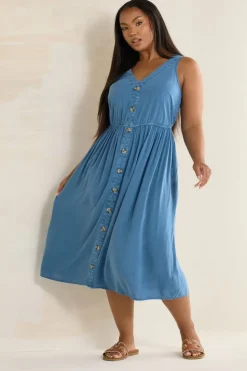 Yours Curve Blue Sleeveless Button Through Chambray Dress