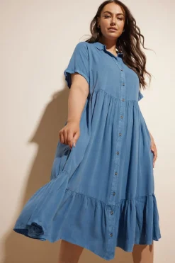 Yours Curve Blue Tiered Maxi Chambray Shirt Dress