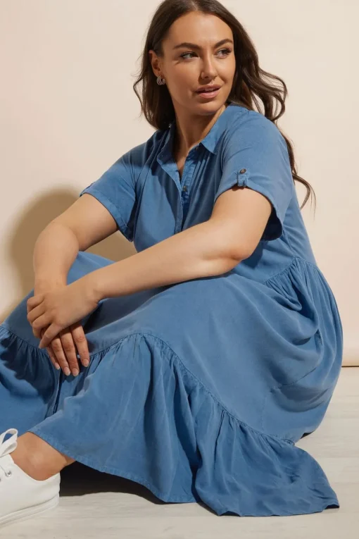 Yours Curve Blue Tiered Maxi Chambray Shirt Dress