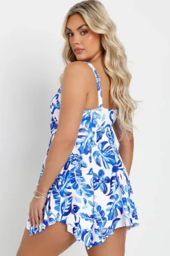 Yours Curve Blue Tropical Print Tie Front Tankini Top