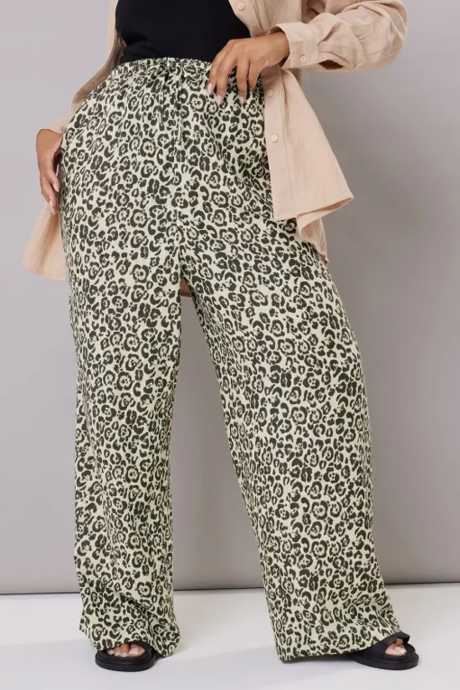 Yours Curve Brown Leopard Print Linen Tie Front Trousers