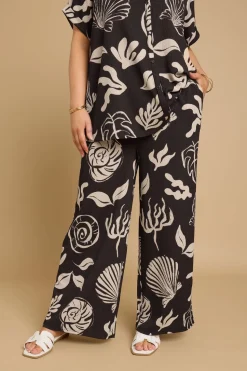 Yours Curve Brown Seashell Print Textured Wide Leg Trousers