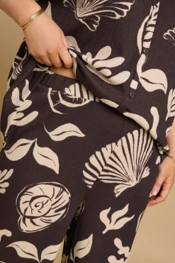 Yours Curve Brown Seashell Print Textured Wide Leg Trousers