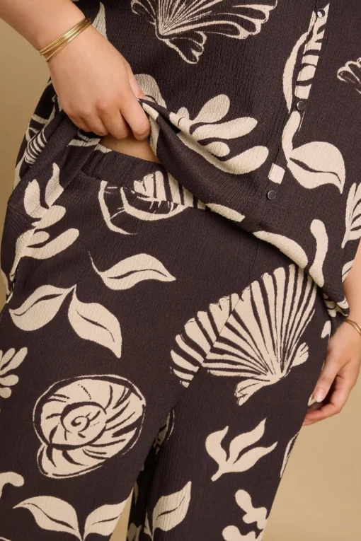 Yours Curve Brown Seashell Print Textured Wide Leg Trousers