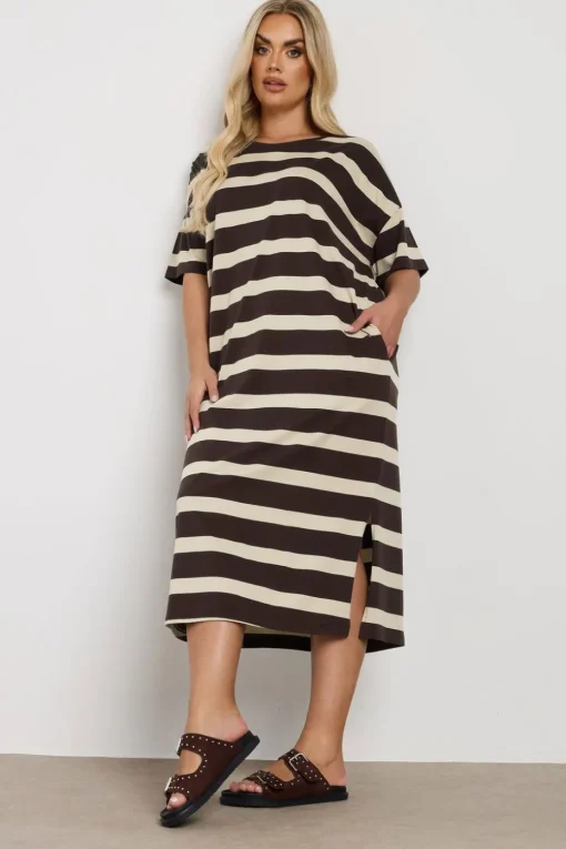 Yours Curve Brown Stripe Oversized Pocket Detail Midi Dress
