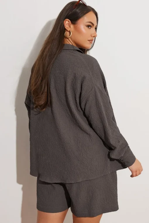 Yours Curve Chocolate Brown Textured Long Sleeve Shirt