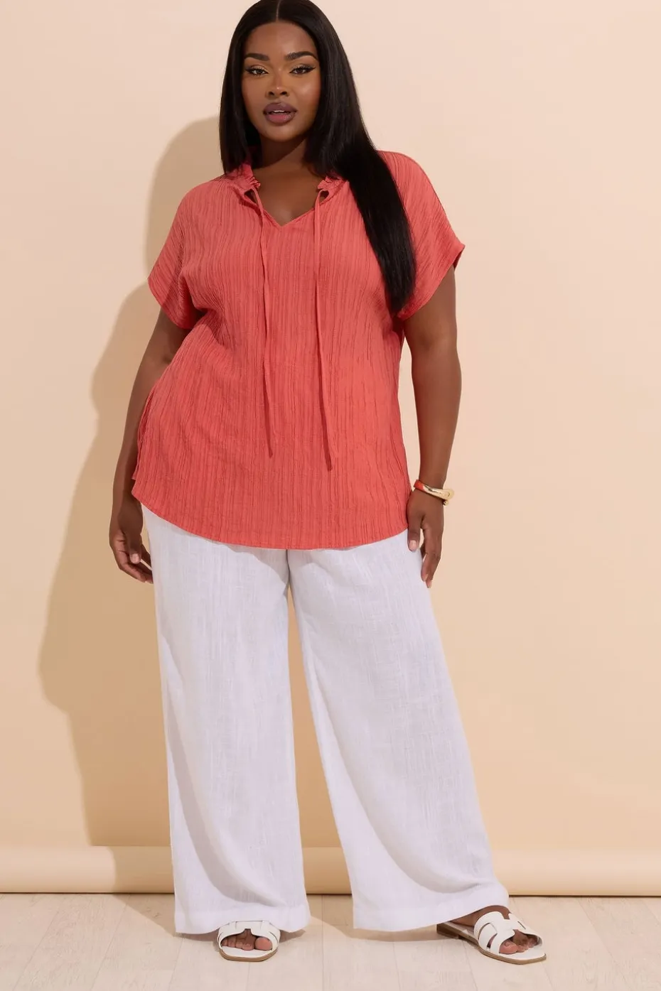 Yours Curve Coral Orange Textured Frill Neck Top