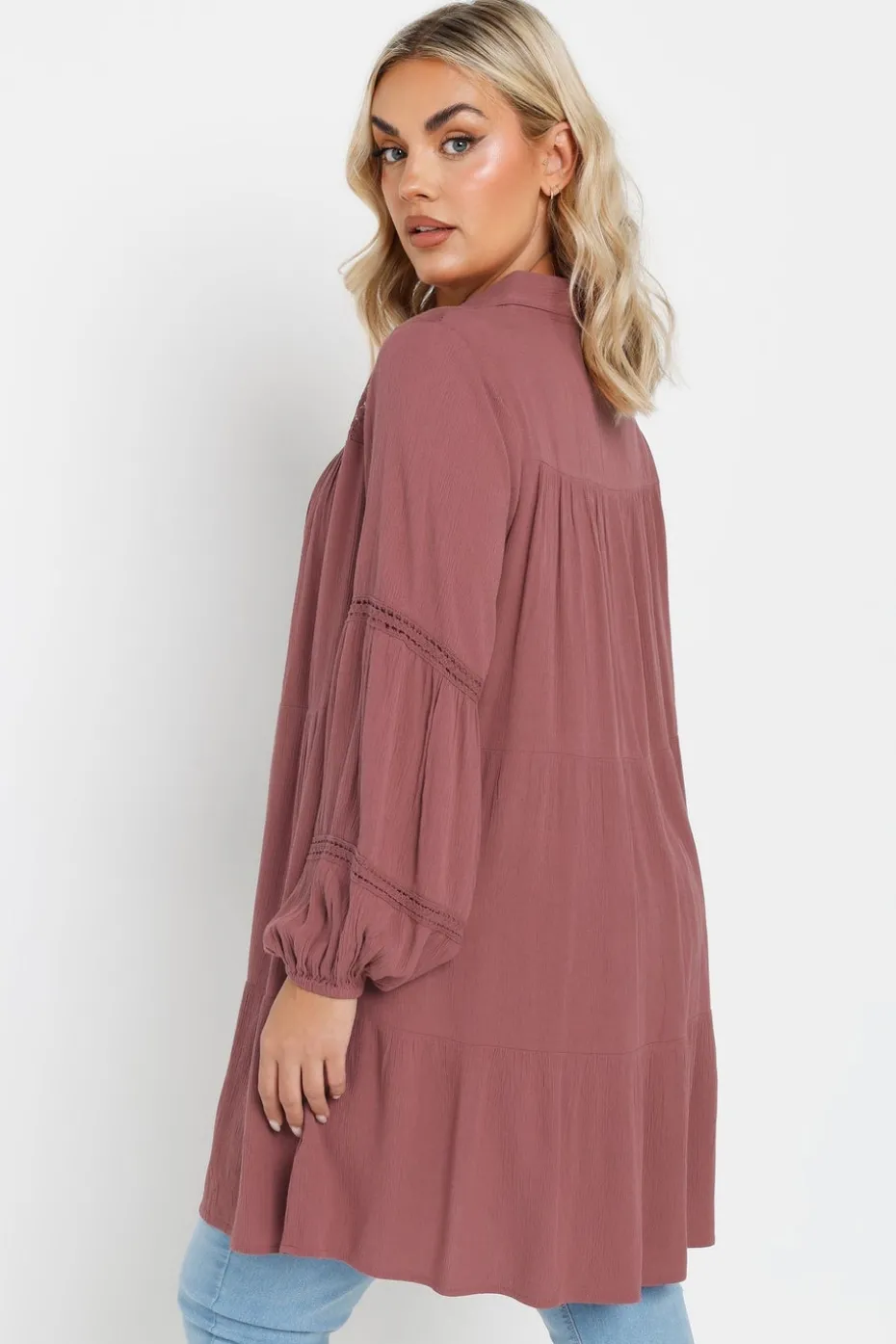 Yours Curve Dusky Pink Tiered Crochet Detail Shirt