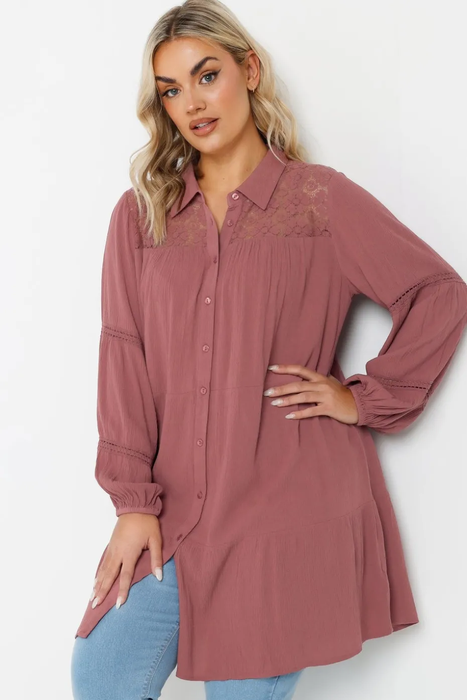 Yours Curve Dusky Pink Tiered Crochet Detail Shirt