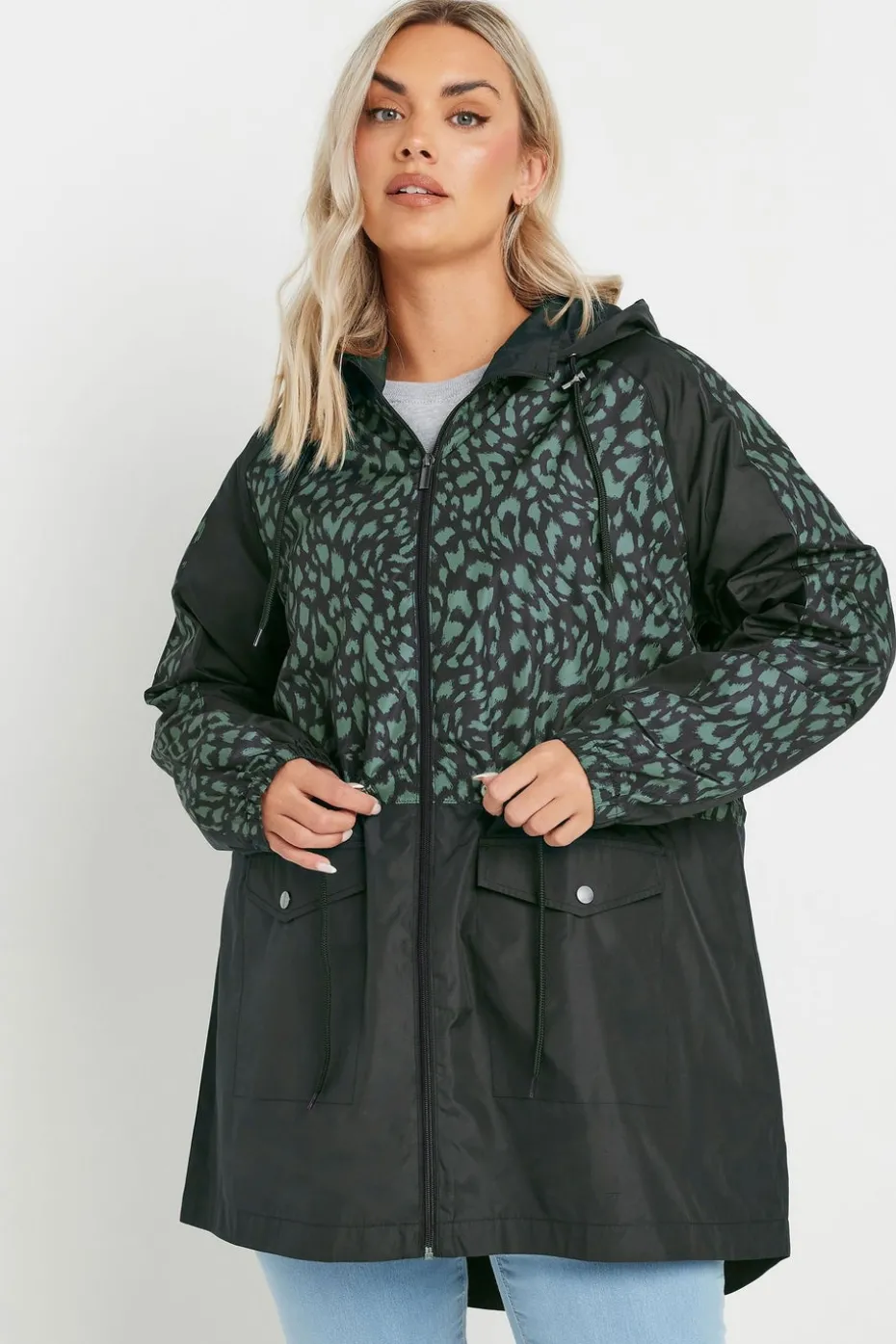 Yours Curve Green & Black Colourblock Lightweight Parka Jacket