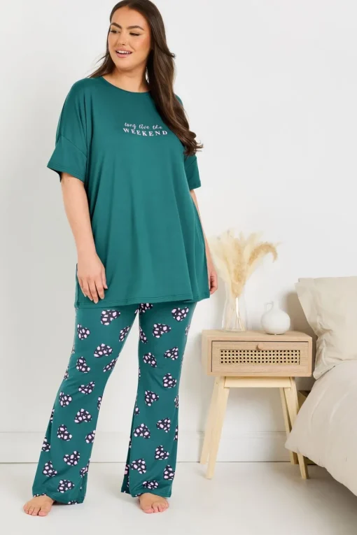 Yours Curve Green Animal Heart Flare Pyjama Bottoms