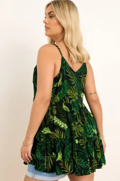 Yours Curve Green Crinkle Tropical Print Cami Top