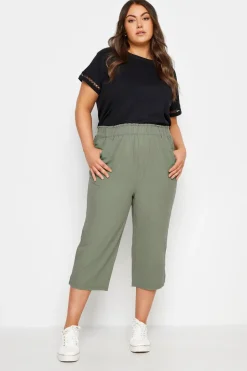 Yours Curve Green Khaki Cool Cotton Cropped Trousers