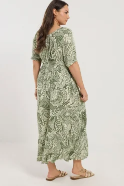 Yours Curve Green Leaf Print Tie Neck Midaxi Dress