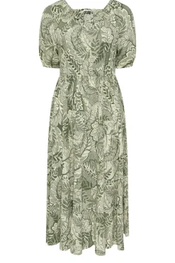 Yours Curve Green Leaf Print Tie Neck Midaxi Dress