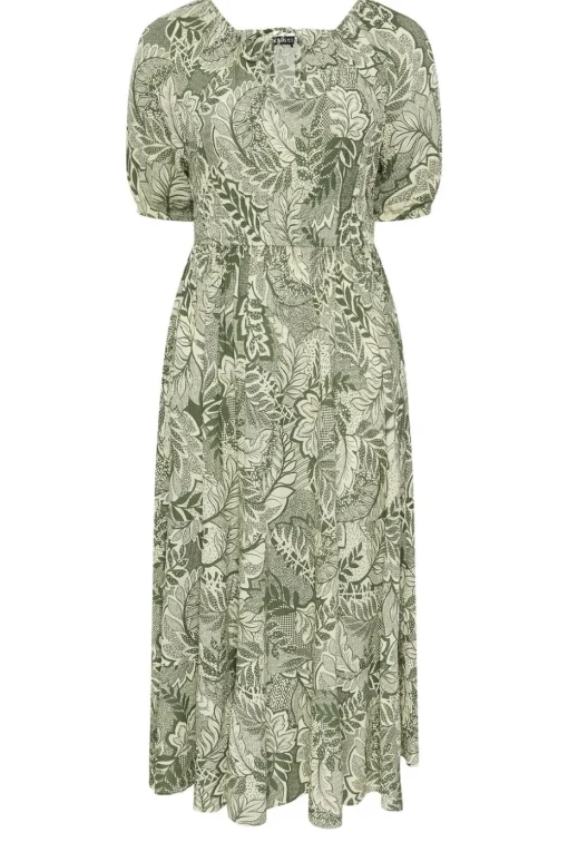Yours Curve Green Leaf Print Tie Neck Midaxi Dress