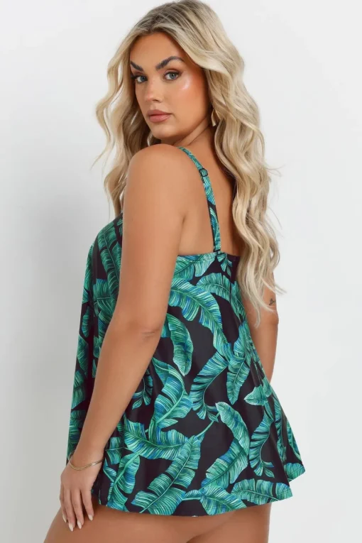 Yours Curve Green Leaf Print Tankini Top