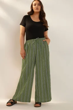 Yours Curve Green Stripe Textured Wide Leg Trousers