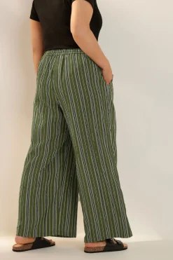 Yours Curve Green Stripe Textured Wide Leg Trousers