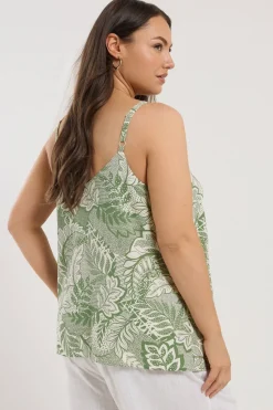 Yours Curve Green Tropical Leaf Print Button Front Cami Top