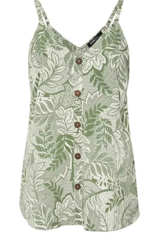 Yours Curve Green Tropical Leaf Print Button Front Cami Top
