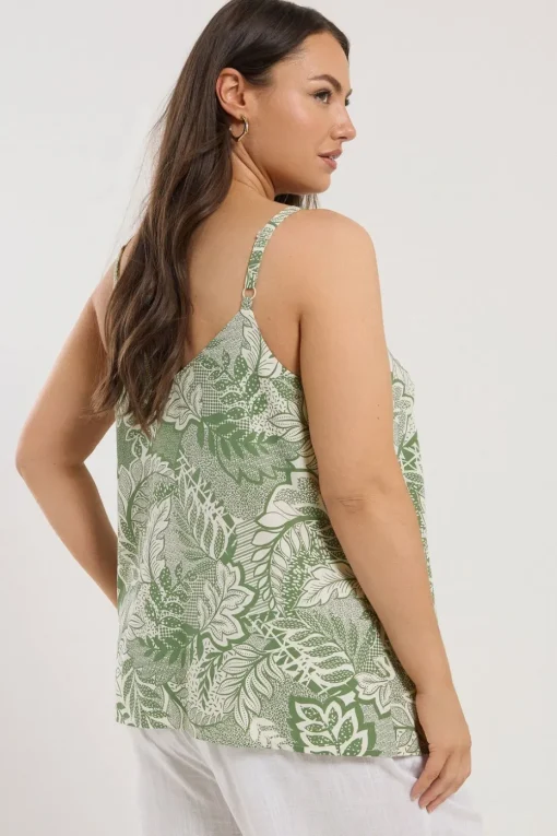 Yours Curve Green Tropical Leaf Print Button Front Cami Top