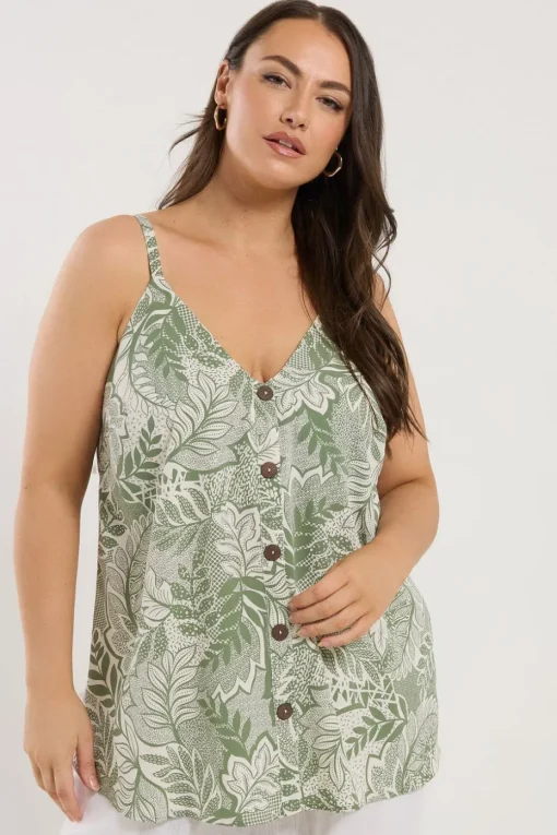 Yours Curve Green Tropical Leaf Print Button Front Cami Top