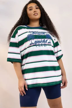 Yours Curve Green 'Beach Club' Slogan Stripe T-Shirt