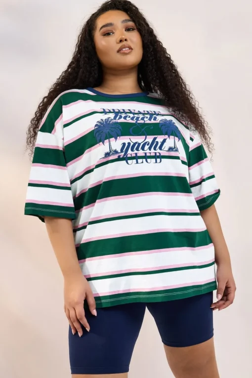 Yours Curve Green 'Beach Club' Slogan Stripe T-Shirt