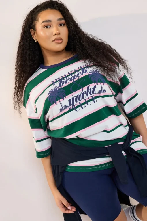 Yours Curve Green 'Beach Club' Slogan Stripe T-Shirt