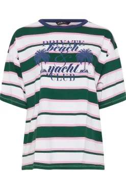 Yours Curve Green 'Beach Club' Slogan Stripe T-Shirt
