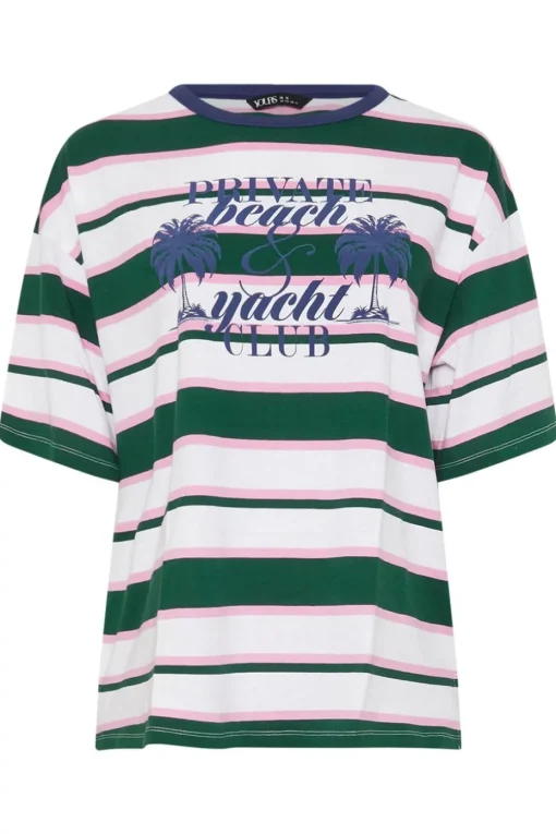 Yours Curve Green 'Beach Club' Slogan Stripe T-Shirt