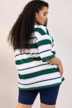 Yours Curve Green 'Beach Club' Slogan Stripe T-Shirt