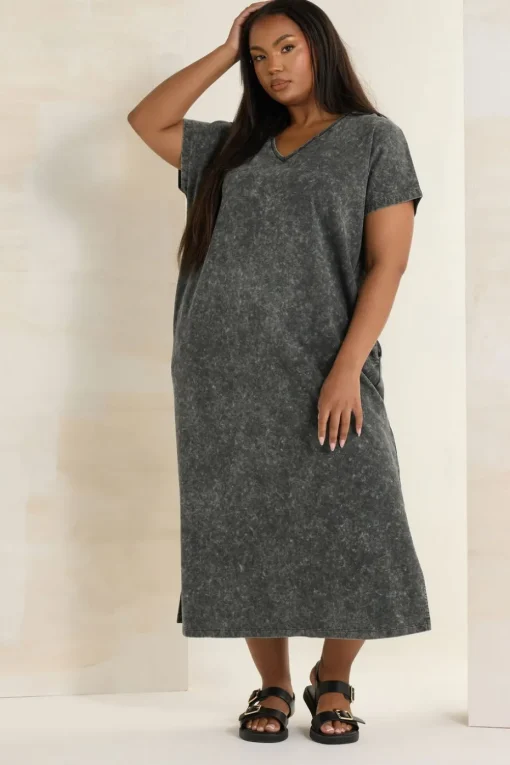 Yours Curve Grey Acid Wash Heavyweight Throw On Dress