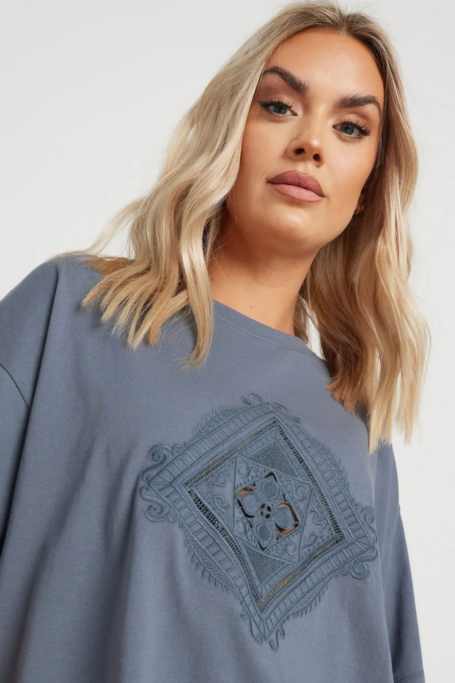 Yours Curve Grey Embroidered Boho Diamond Oversized T-Shirt