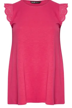 Yours Curve Hot Pink Broderie Anglaise Frill Sleeve Vest Top