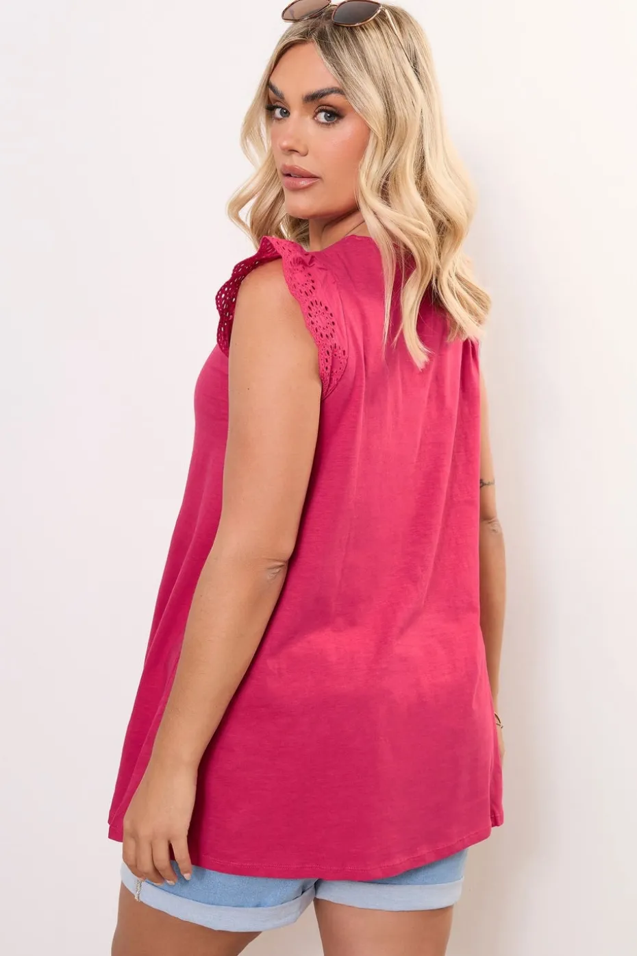 Yours Curve Hot Pink Broderie Anglaise Frill Sleeve Vest Top