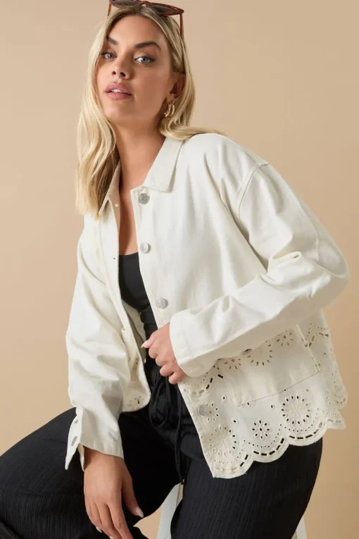 Yours Curve Ivory White Broderie Anglaise Twill Shacket