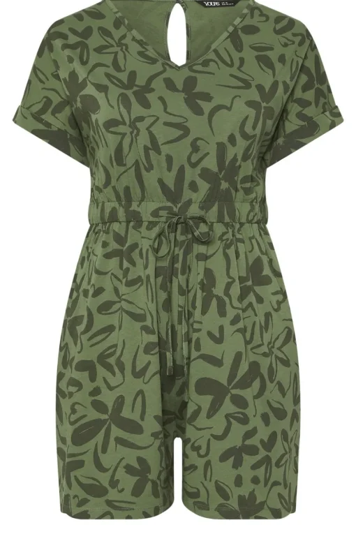 Yours Curve Khaki Green Floral Print Cotton Playsuit