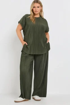 Yours Curve Khaki Green Plisse Wide Leg Trousers