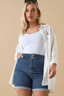 Yours Curve Mid Blue Elasticated Waist Turn Up Denim Shorts