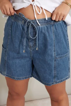 Yours Curve Mid Blue Tie Waist Denim Shorts
