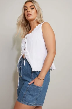Yours Curve Mid Blue Tie Waist Denim Shorts