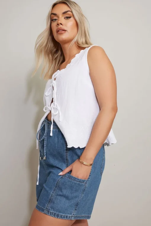 Yours Curve Mid Blue Tie Waist Denim Shorts