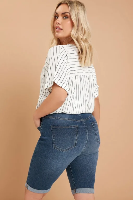 Yours Curve Mid Blue Turn Up Denim Shorts