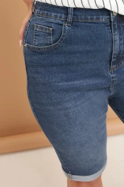 Yours Curve Mid Blue Turn Up Denim Shorts