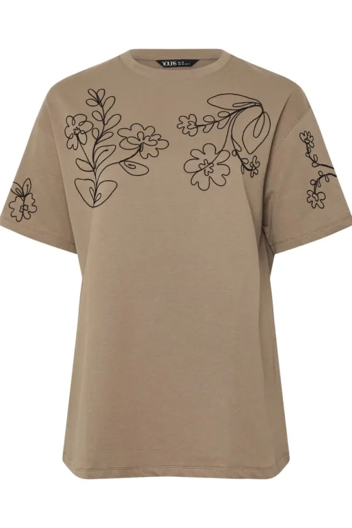 Yours Curve Mocha Brown Floral Embroidered Oversized T-Shirt